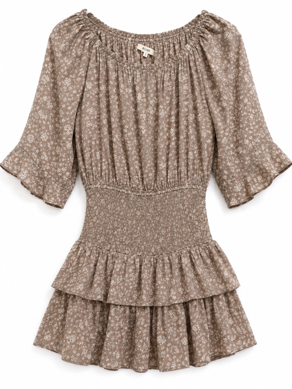 NWT Promesa Taupe Floral Smocked Ruffle Romper S